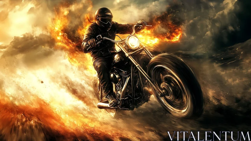 Motorcyclist riding through dense fire and smoke field.