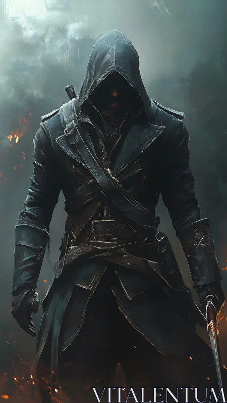 Hooded rogue in dark leather coat amid smoke and sparks.