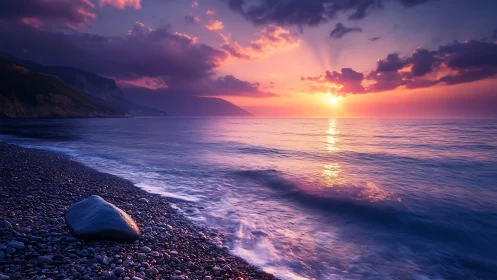 Sunset light reflects over calm pebbled shoreline