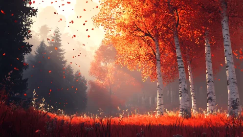 Autumnal Forest Pathway with Luminescent Canopy and Falling Leaves.
