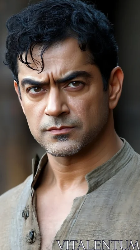 Steady gaze captures a thoughtful man in worn rustic clothing