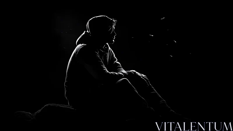 Silhouette portrait isolates hooded figure in deep shadow.