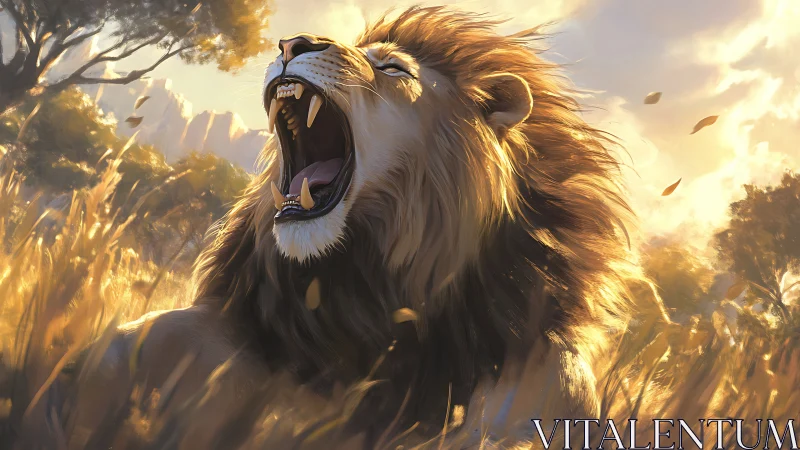Majestic lion roars at sunrise across golden savanna