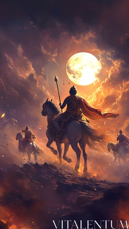 Armored horsemen ascending lava ridge beneath full moon
