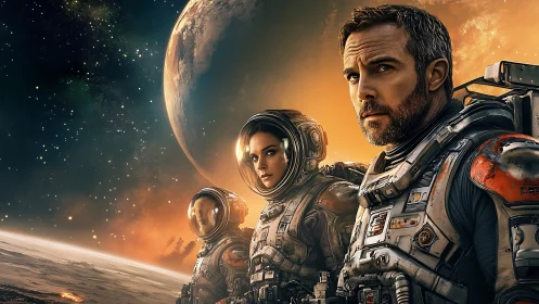 Astronaut crew stands vigilant beneath a glowing alien world