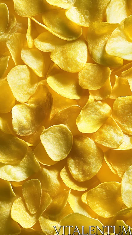 Macro detail of golden potato chips with crisp surface texture