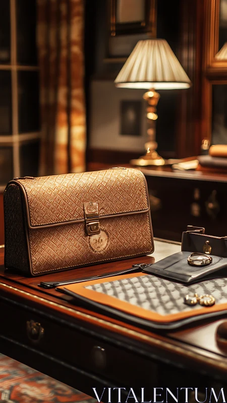 Golden leather briefcase reigns in lamplit study elegance.