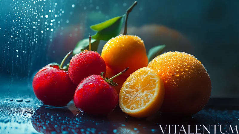 Fresh wet citrus and red fruit on reflective dark surface.