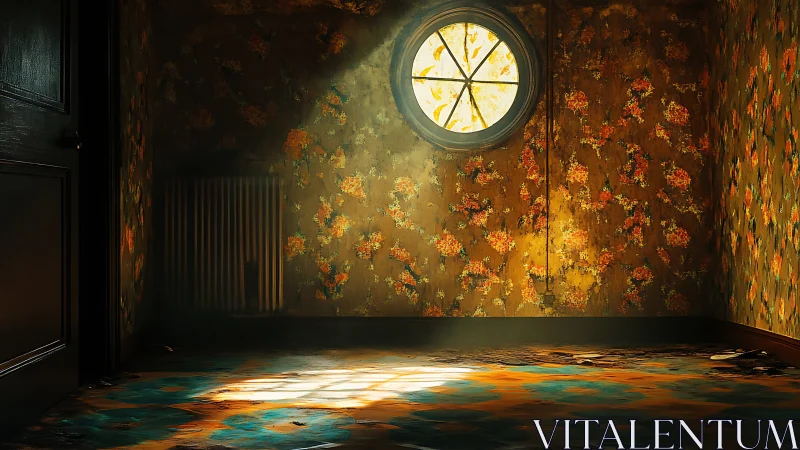Circular window casts haunting light in a decayed room.