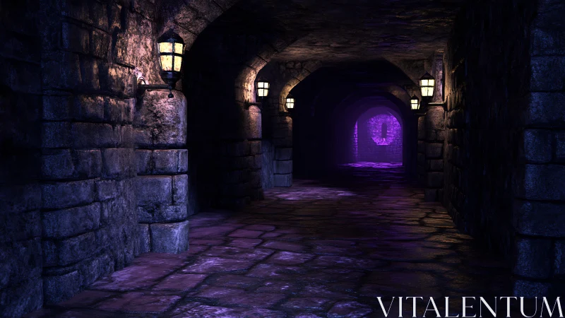 Mysterious stone corridor glows with gentle purple lantern light