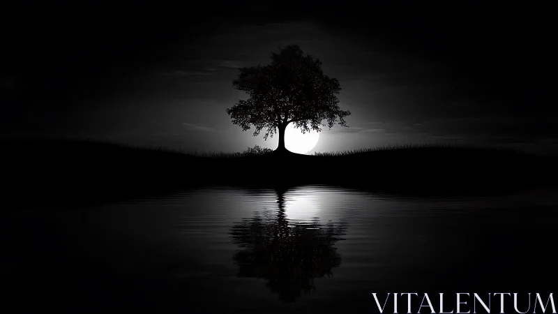Solitary tree silhouette before full moon over water.