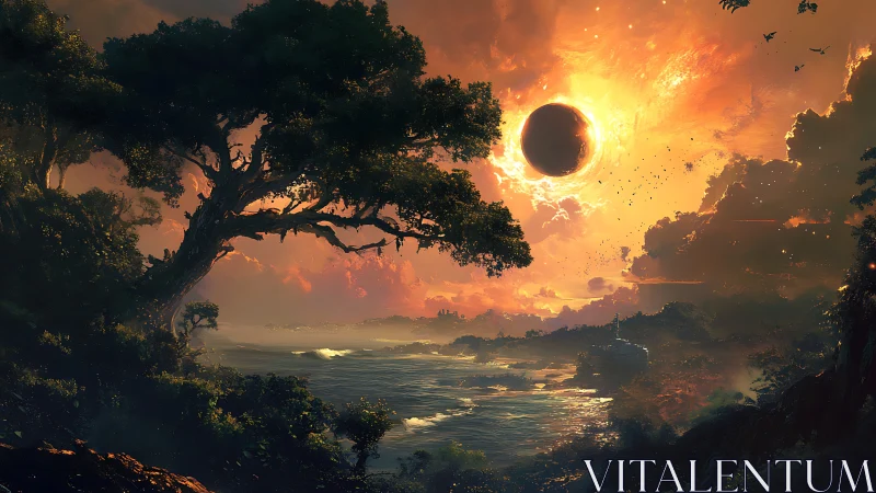 Solar eclipse over luminous fantasy coast at sunset.