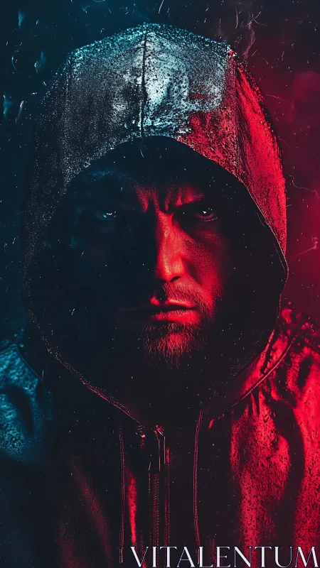Hooded male portrait in dual red blue side lighting.