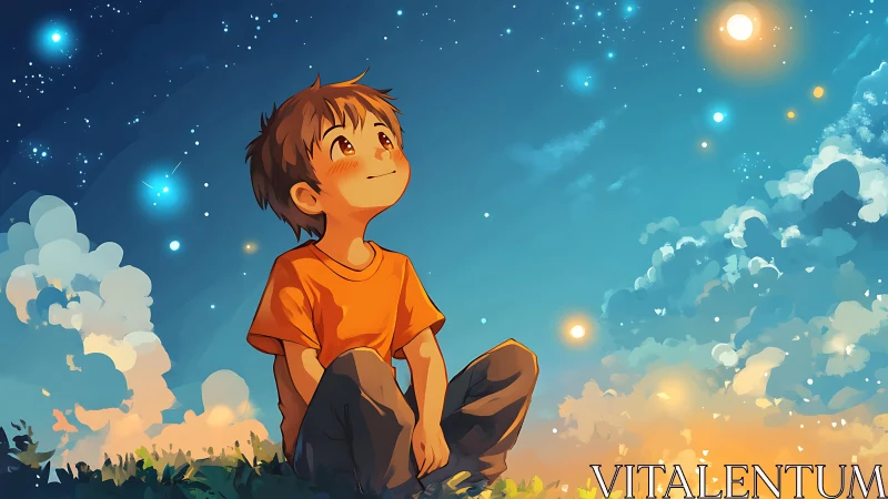 Boy in orange shirt stargazing under luminous twilight sky