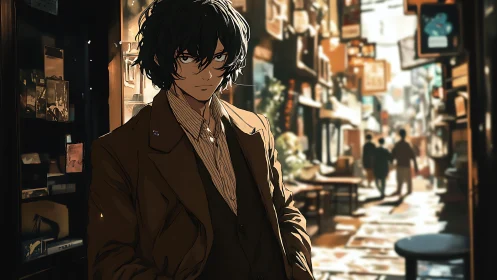 Brooding young man in sunlit alleyway, moody anime noir.