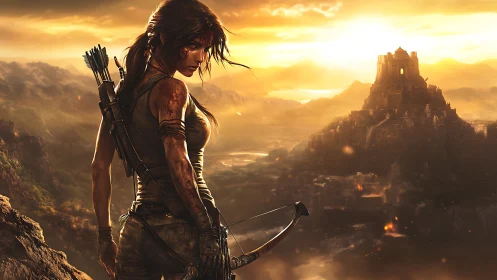 Battle-scarred huntress overlooking sunlit mountain citadel.