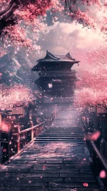 Wooden stairway leads to temple under dense cherry blossoms