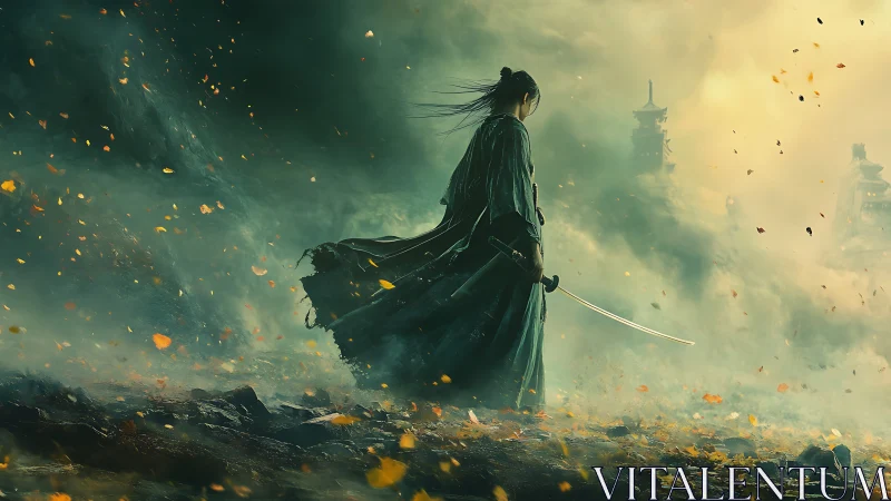 Solitary swordsman stands in windblown landscape with temples