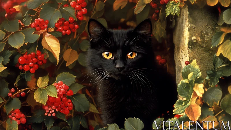 Black Cat Among Autumn Berries with Golden Eyes