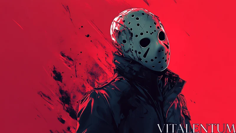 Masked figure in dark jacket on stark red abstract field.