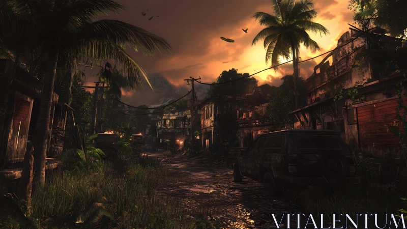 Abandoned tropical street under heavy orange dusk sky.