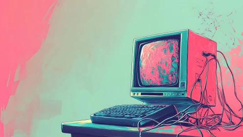 Retro computer glows in neon vaporwave studio light.