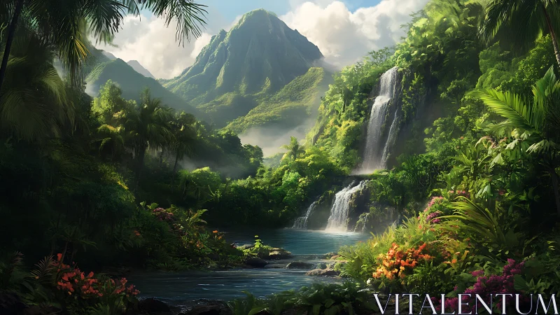 Emerald canyon falls and cloud-kissed jungle sanctuary dreamscape.