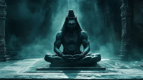 Meditating Shiva figure rendered in cinematic teal temple lighting