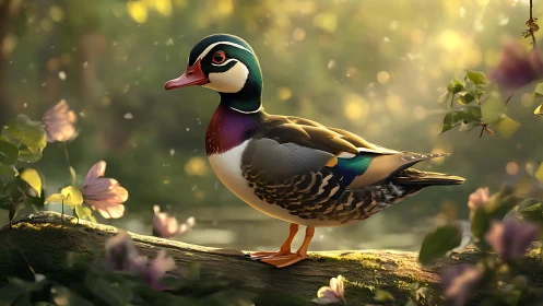 Wood duck daydreams on a mossy log in golden light