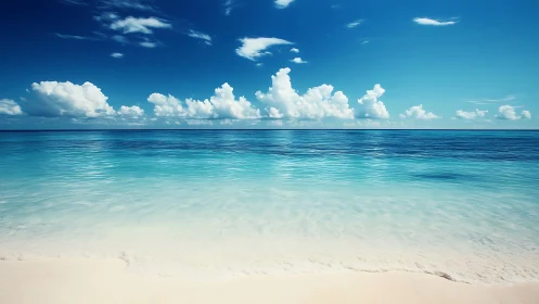 Sunlit tropical shoreline under expansive cloud-filled sky.