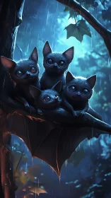 Four Black Cats in Rain: Digital Fantasy.