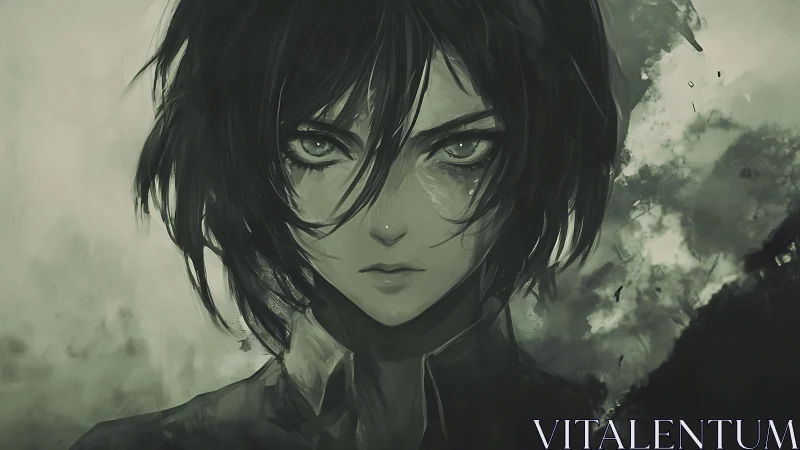 Monochrome digital portrait of intense short haired character