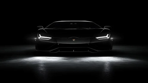 Midnight supercar poised in dramatic glow and shadow.