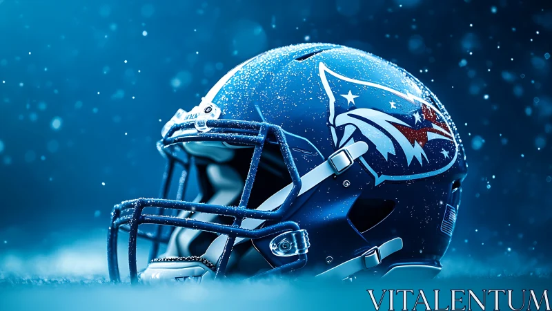 Blue football helmet with wolf logo in cinematic rain light.