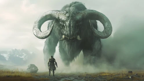 Lone wanderer confronts colossal horned mistbeast at dawn.