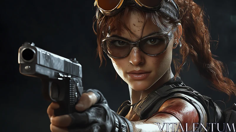 Battle-hardened heroine aiming pistol in cinematic close-up.