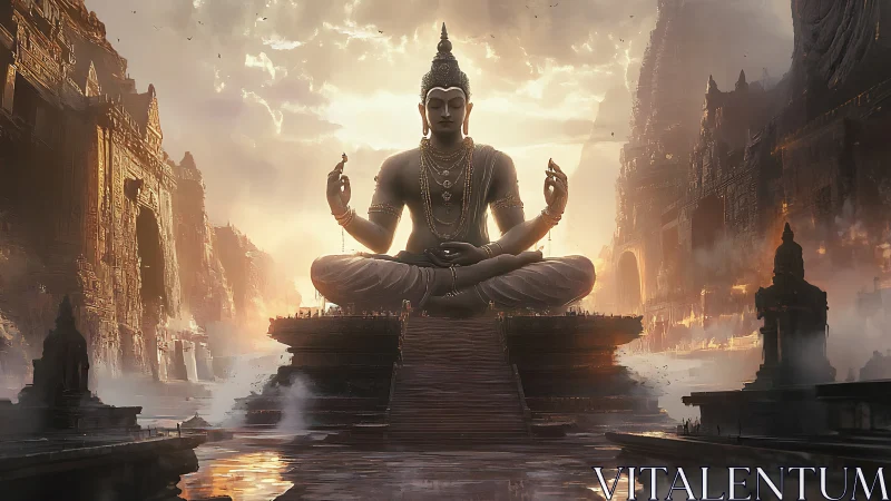 Colossal serene Buddha over misty temple citadel at dawn.