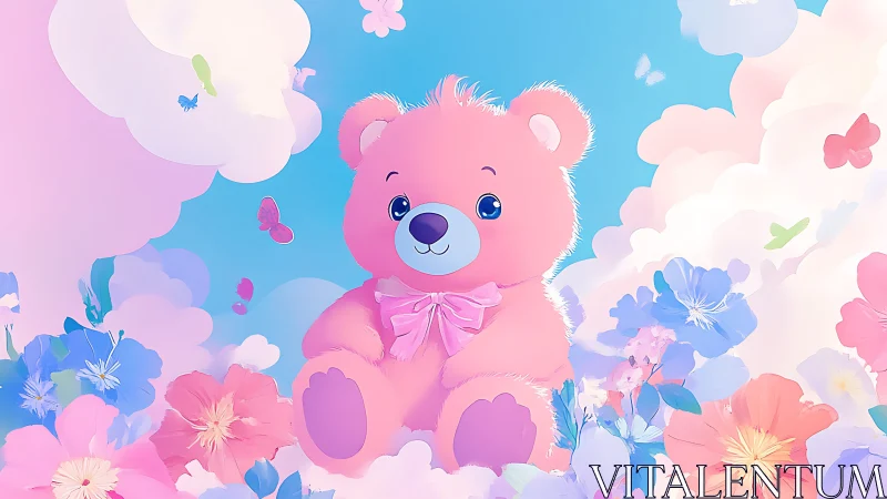Pink teddy bear in pastel clouds with colorful flowers.