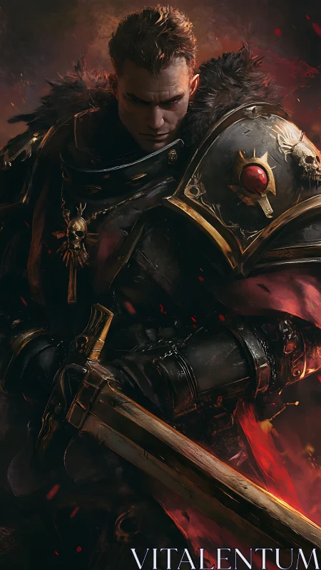 Armored paladin lowers gaze while sword catches embers