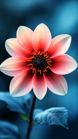 Macro close-up of coral-pink dahlia bloom on cool blue bokeh
