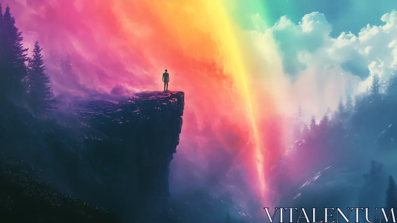 Solitary figure faces radiant rainbow rift above abyss.
