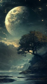 Lunar-lit waterfall valley beneath colossal celestial moon.