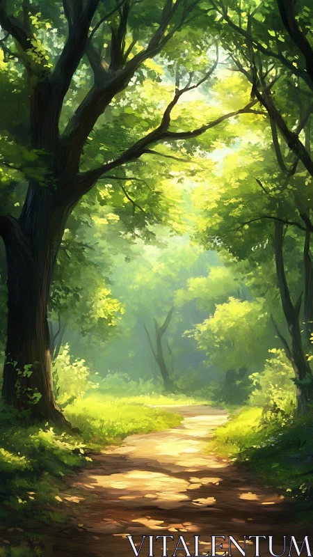 Luminous Forest Canopy: Digital Landscape with Golden Pathway.