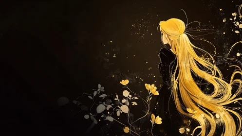 Girl with flowing golden hair stands in dark floral glow