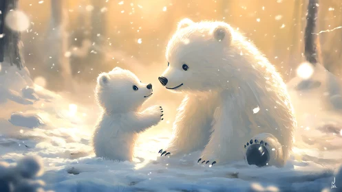 Tender polar bear family moment in glowing winter woods.