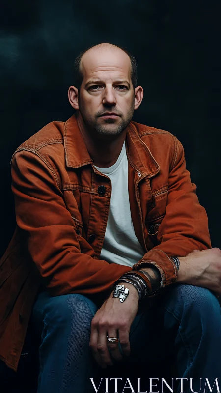 Studio portrait of seated man in rust jacket, low-key lighting.