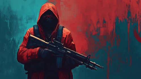 Hooded armed figure against split teal and red backdrop.