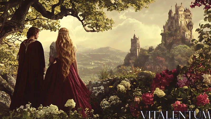 Medieval couple observing distant hilltop castle at sunset