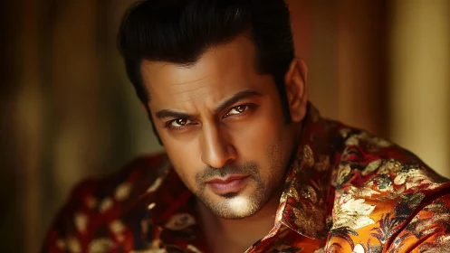 Digitally stylized male portrait with warm bokeh lighting and sharp gaze