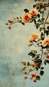 Vertical composition presents rose branch on blue backdrop